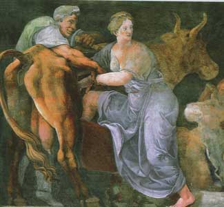 Pasífae entra en el toro de Giulio Romano