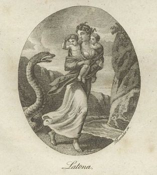 Grabado de Leto escapando de Pitón con Apolo y Artemisa en sus brazos