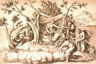 "Leto y el nacimiento de Apolo y Artemis", de Diana Scultori, c. 1580