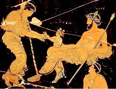 Detalle de vasija con Dioniso saliendo del muslo de Zeus