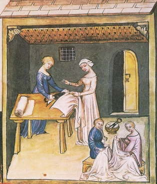 Mujeres preparando y cortando el lino, Tacuinum Sanitatis