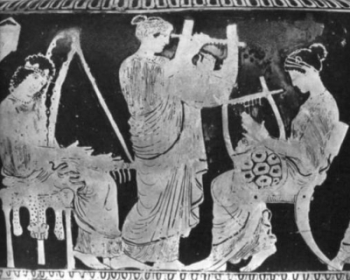 Vasija griega con mujeres tocando instrumentos de cuerda