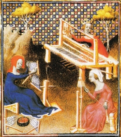 Hilandera, cardadora y tejedora, ilustración de un libro de Giovanni Boccaccio